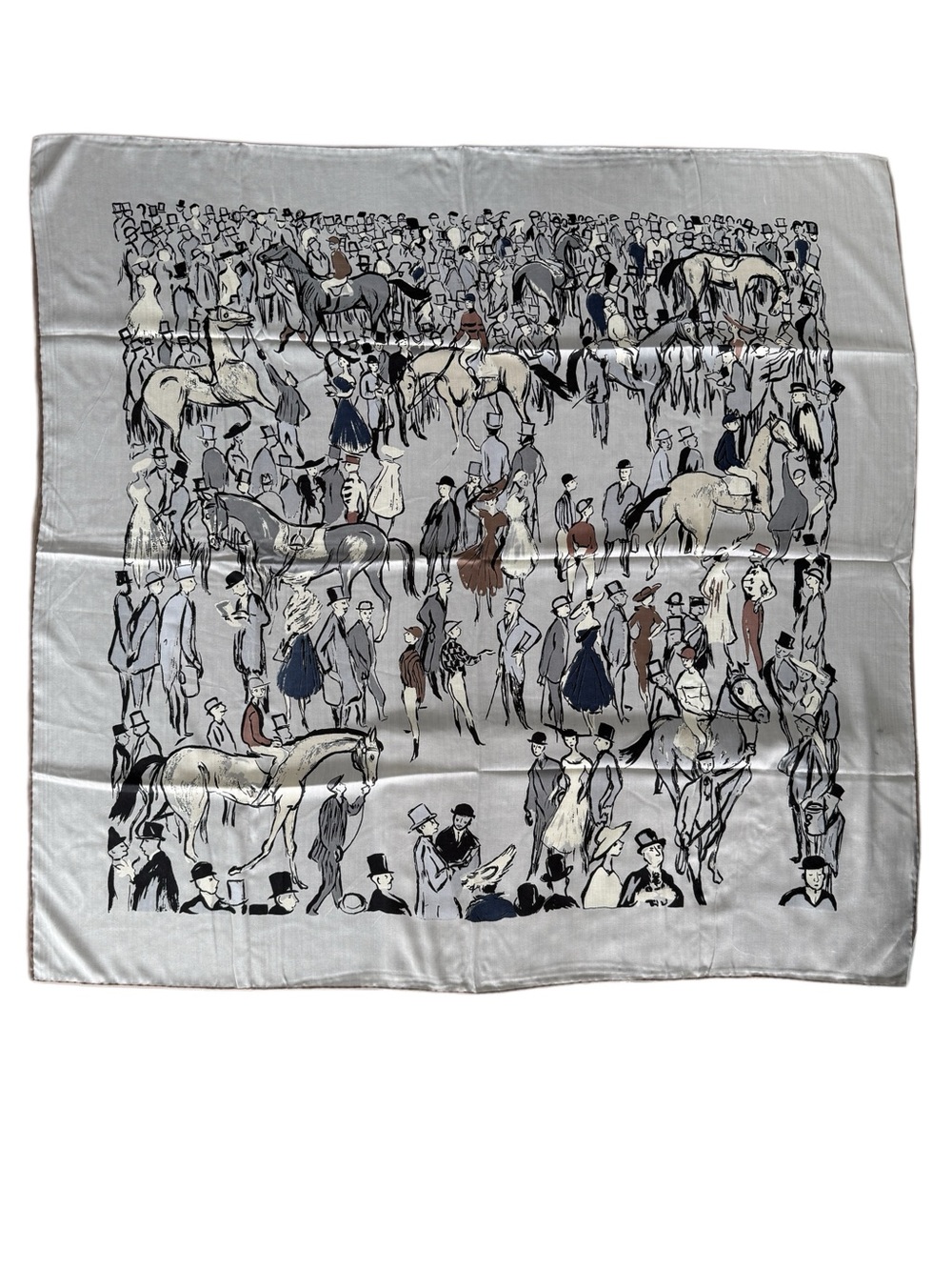 Cashmere-Silk 140cm Shawl Scarf Equestrian Scene  in Silver, Navy & Brown